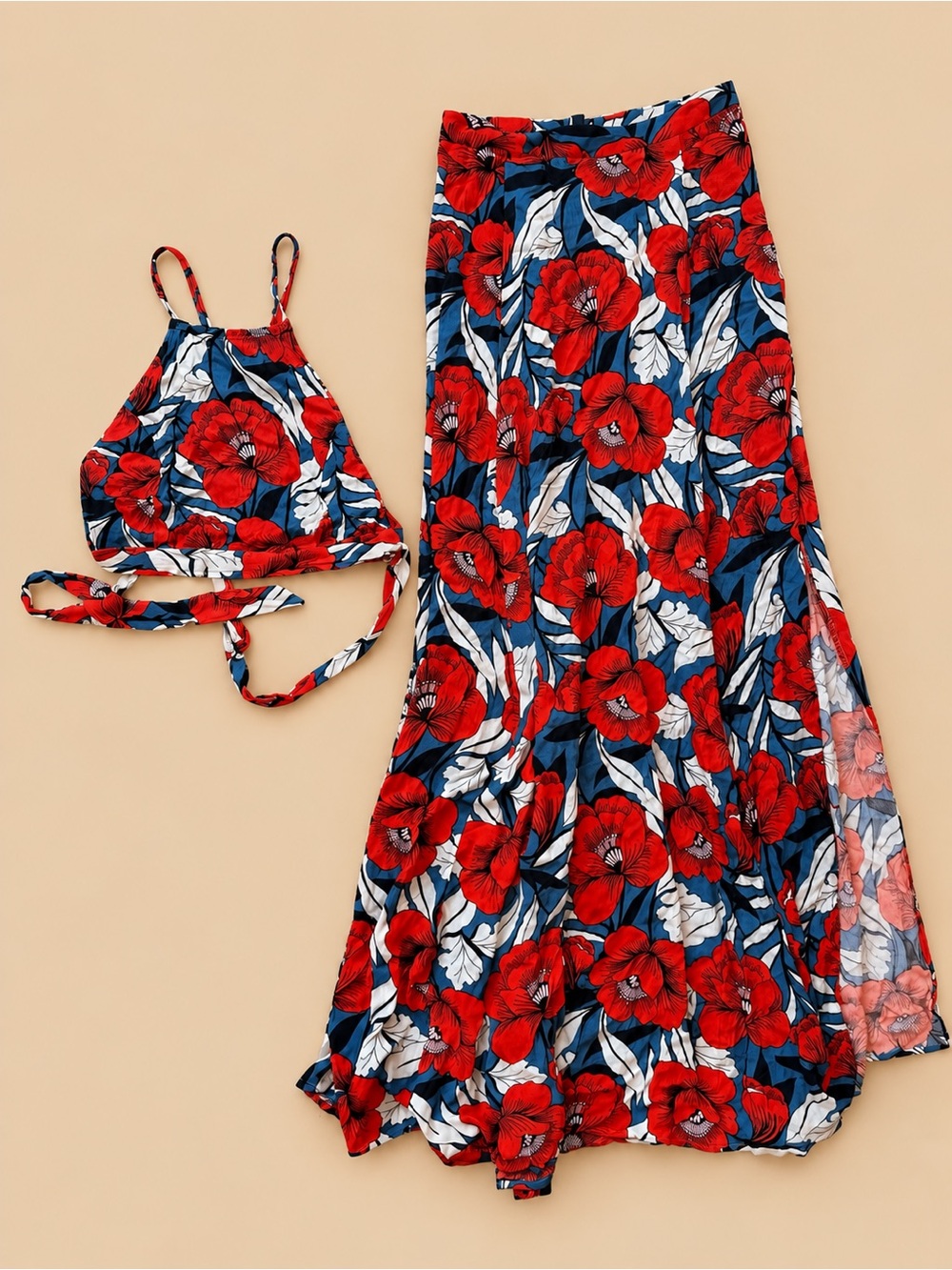 Floral Two-Piece Halter Top & Maxi Skirt Set - Red Floral